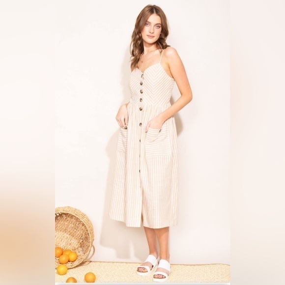 Pink Martini The Selena midi Dress in Beige stripes spaghetti straps size L - Picture 1 of 12